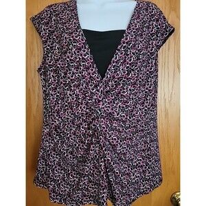 BRIGGS NEW YORK WOMENS 1X Print Top Black Cap Sleeve Casual V-Neck Layered